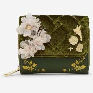 Loungefly Disney Tinkerbell Green Velvet Wallet with Floral and Gold Accents NWT